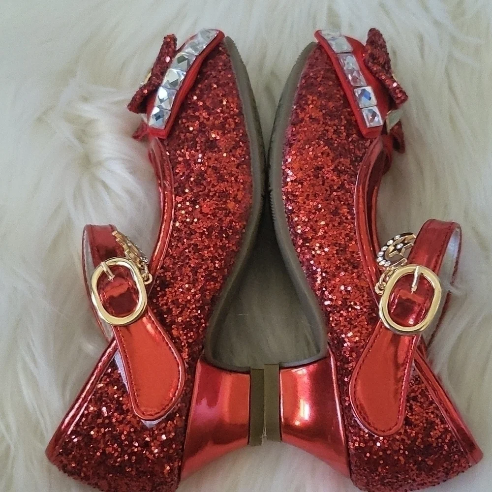 Jiaduowang Red Glitter and Rhinestone Rounded Toe Little Girl Heeled Sho…